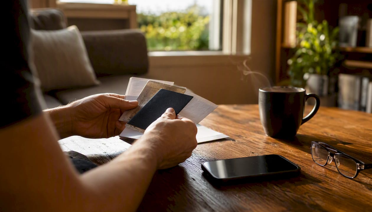 Manos organizando documentos de identidad para verificación KYC