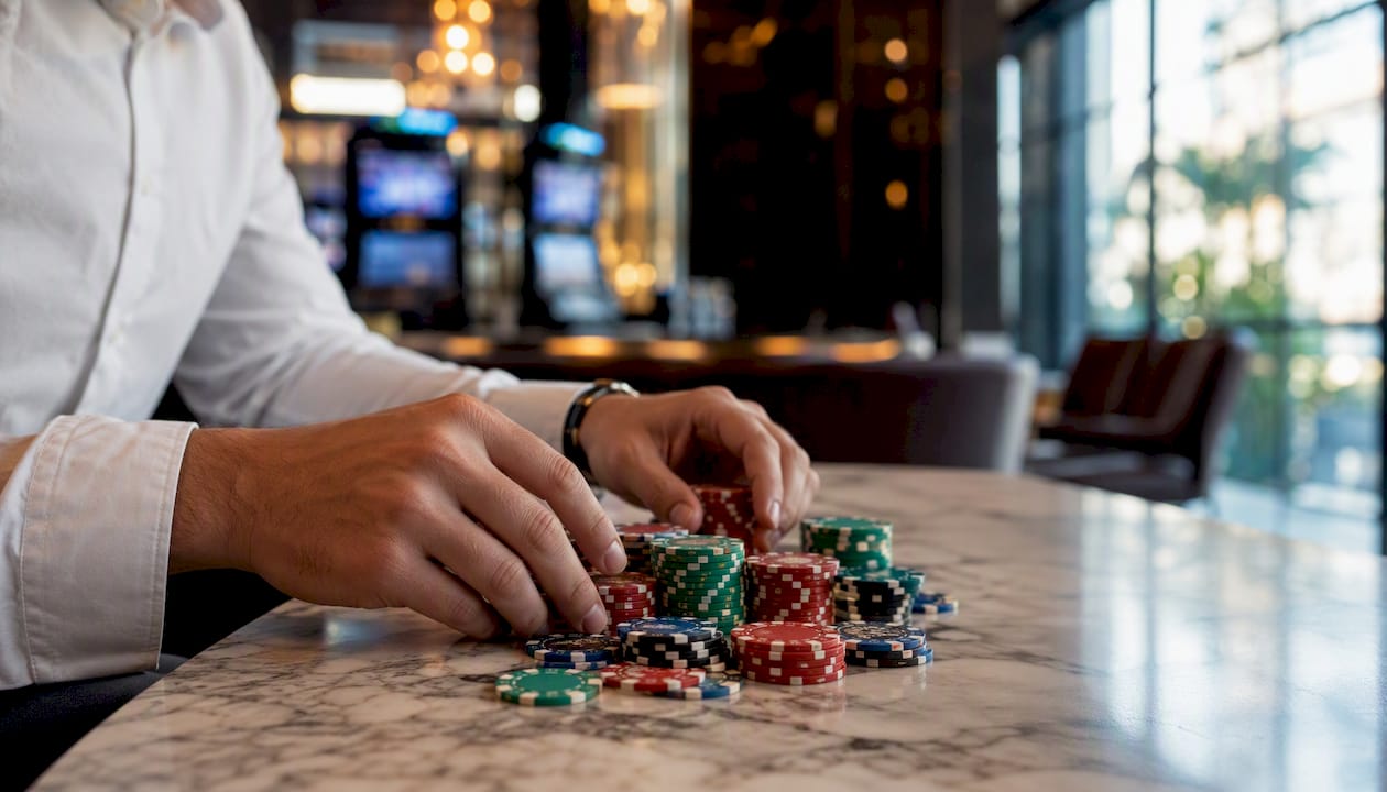 Unas manos apilando fichas de casino sobre la mesa