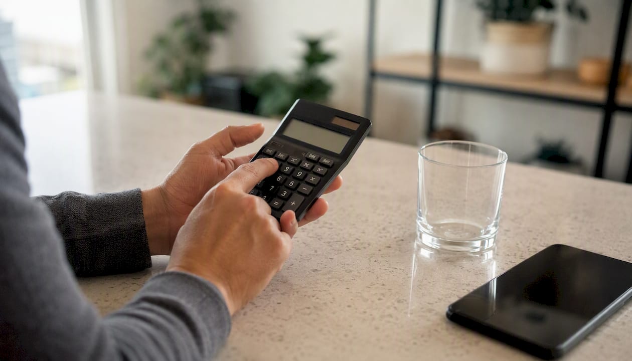 Unas manos manejan una calculadora sobre un escritorio poco iluminado en casa.