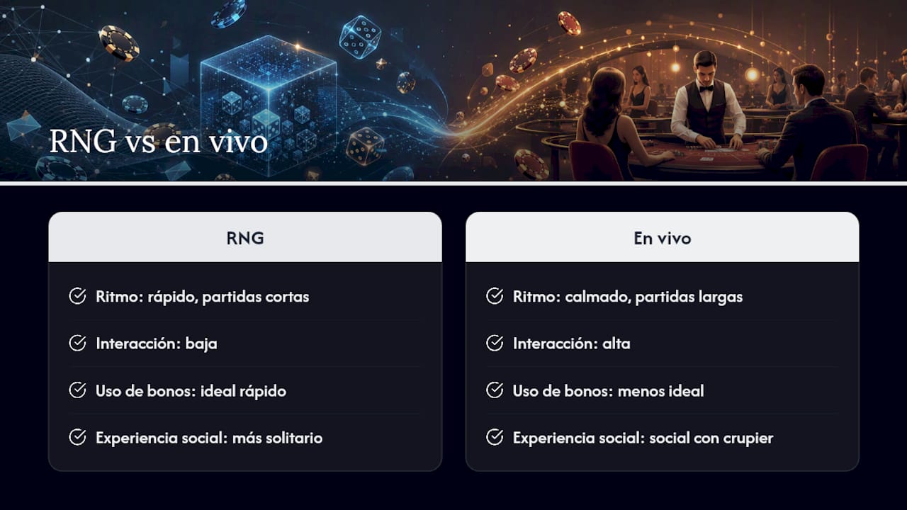 Tabla comparativa entre casinos con RNG y con crupier en vivo