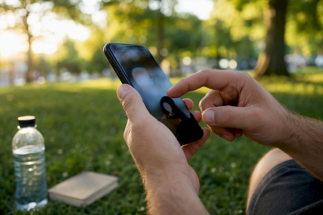 Mano tocando un smartphone con interfaz de chatbot