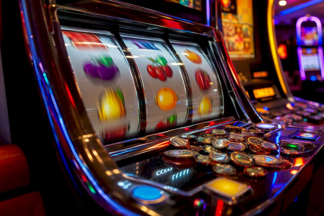 Rodillos de tragamonedas girando con fichas de casino