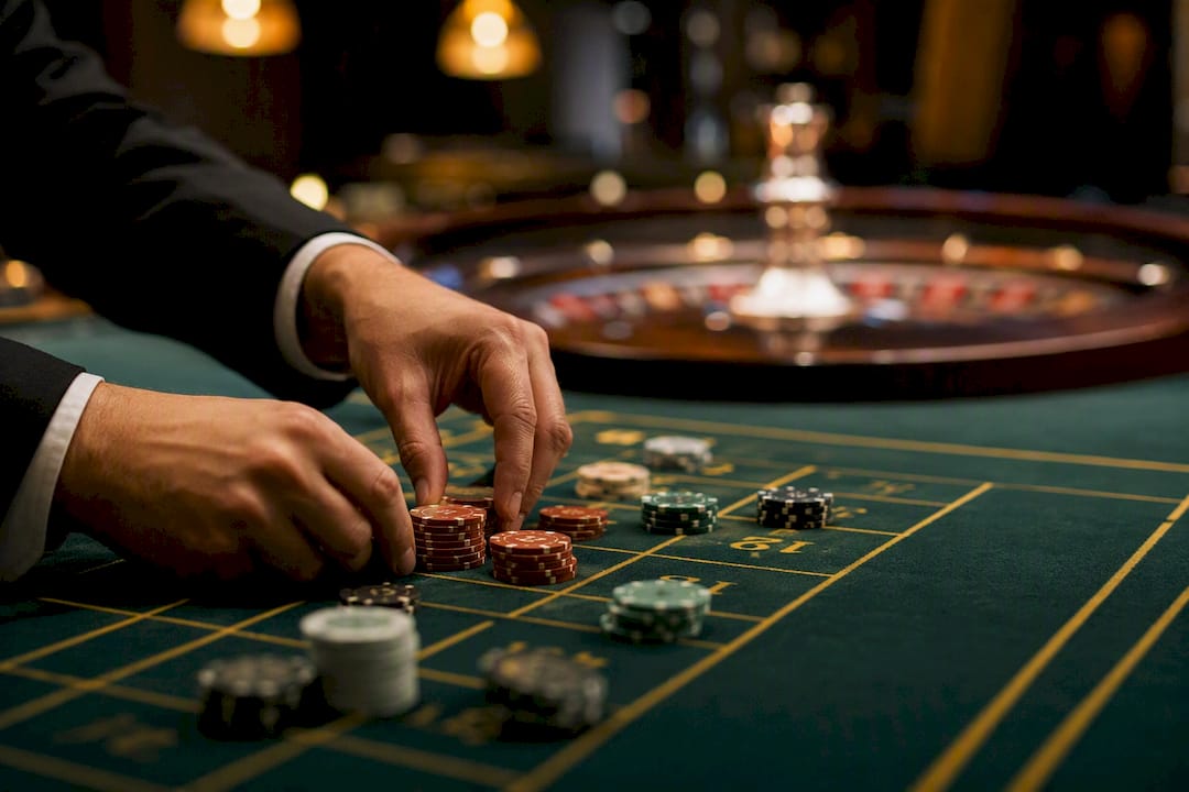 Manos colocando fichas en la ruleta sobre la mesa del casino