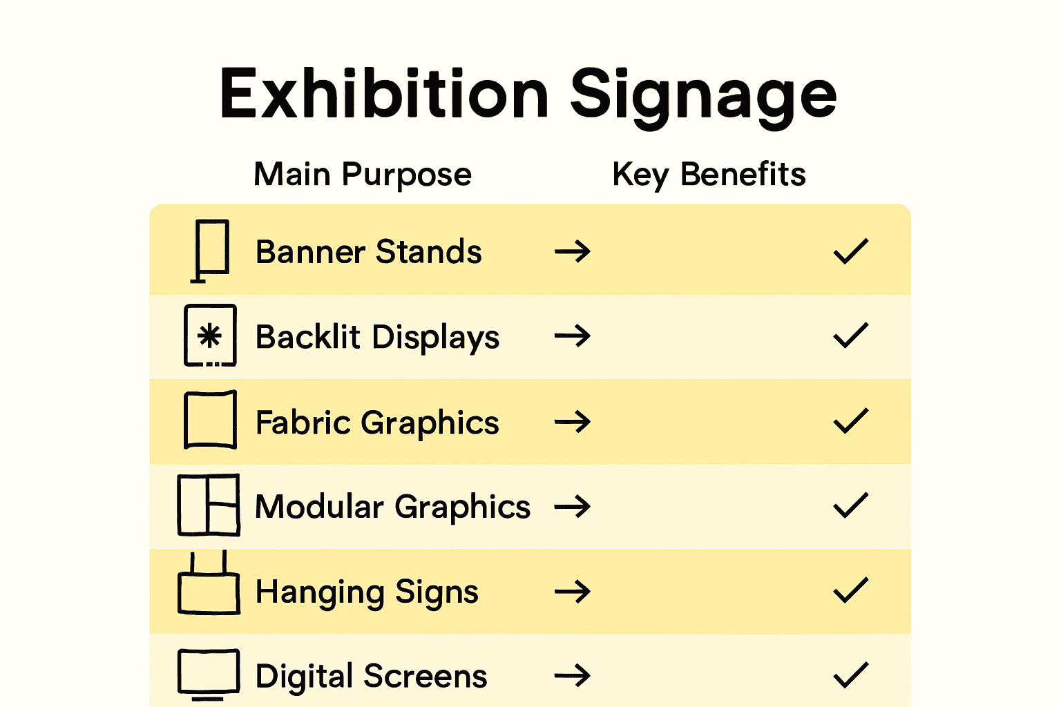 Infographic comparing six exhibition signage types and their benefits.