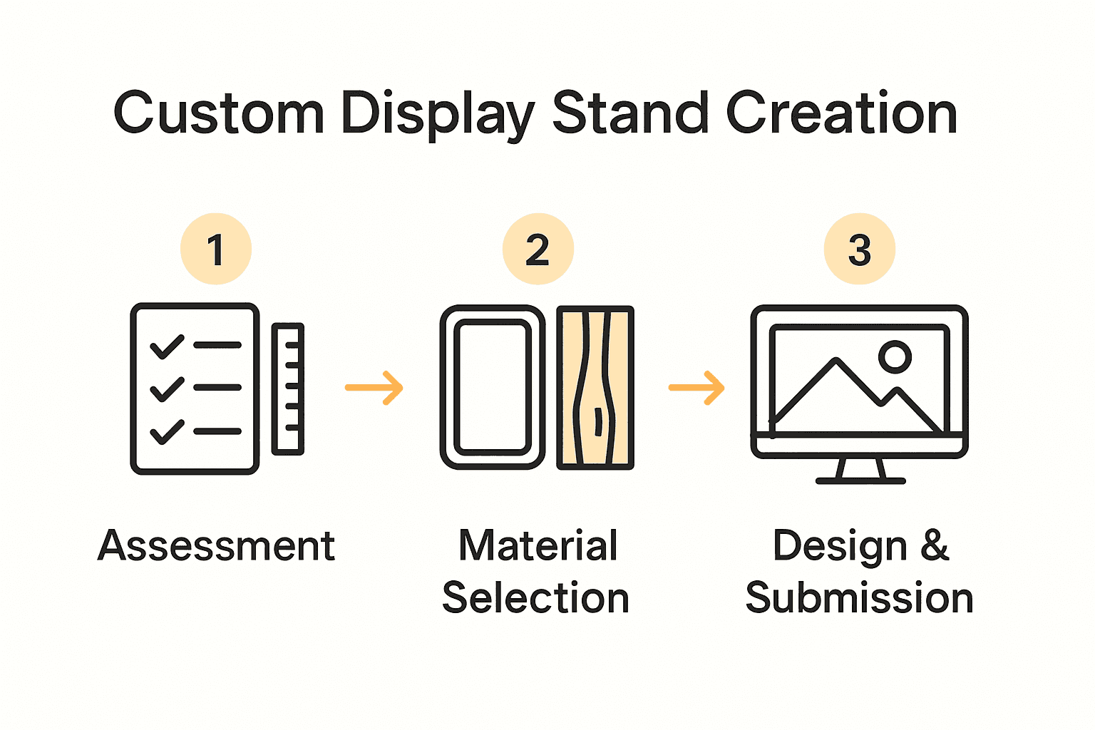 Infographic showing three steps: assess, choose materials, design graphics.