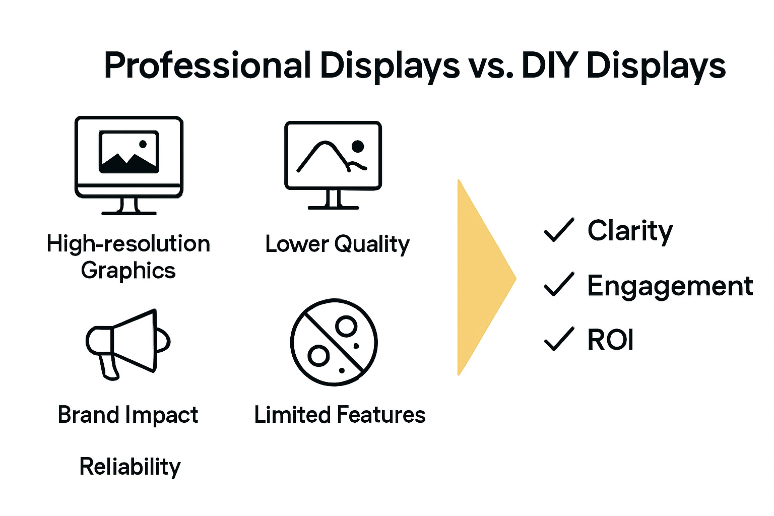 Infographic contrasting professional display benefits versus DIY solutions.