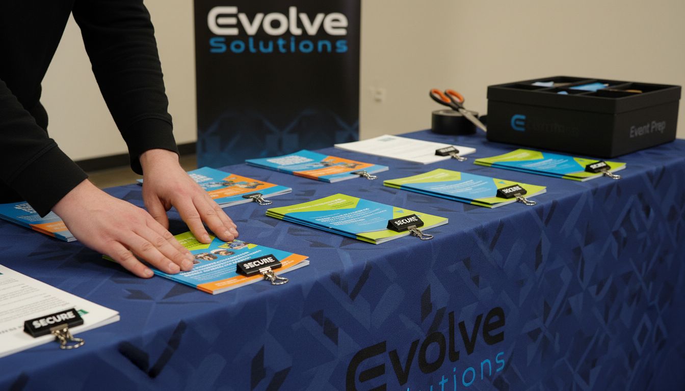 Hands smoothing branded tablecloth at display