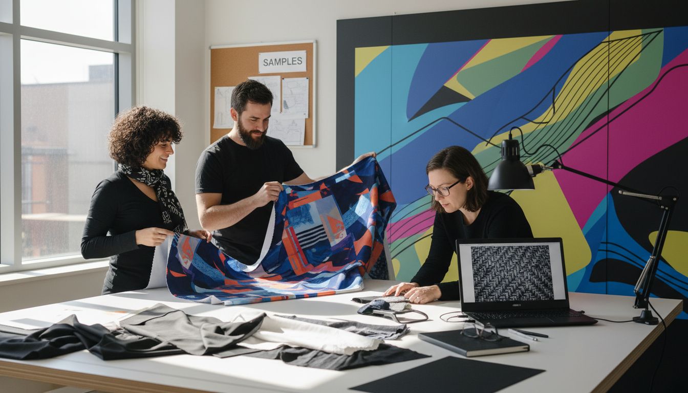 Designers comparing fabric samples for graphics