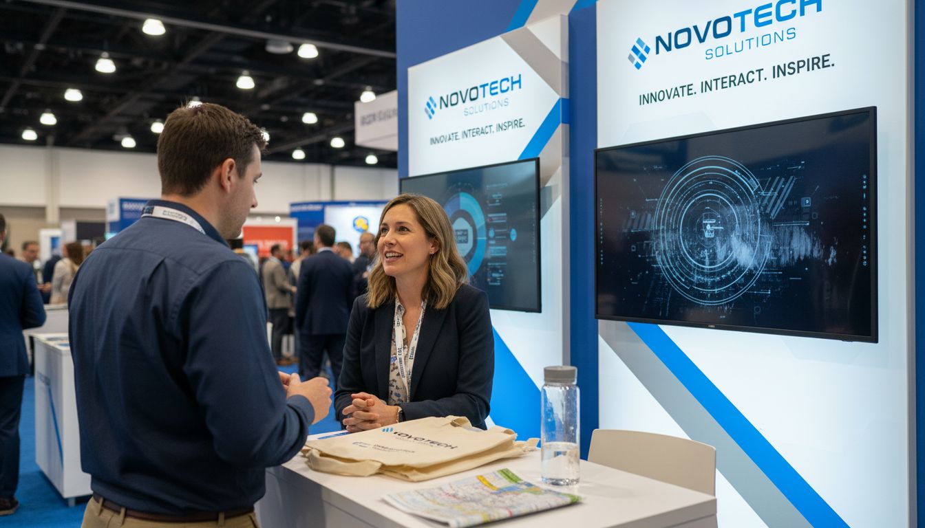 Visitors interacting at custom branded trade show booth