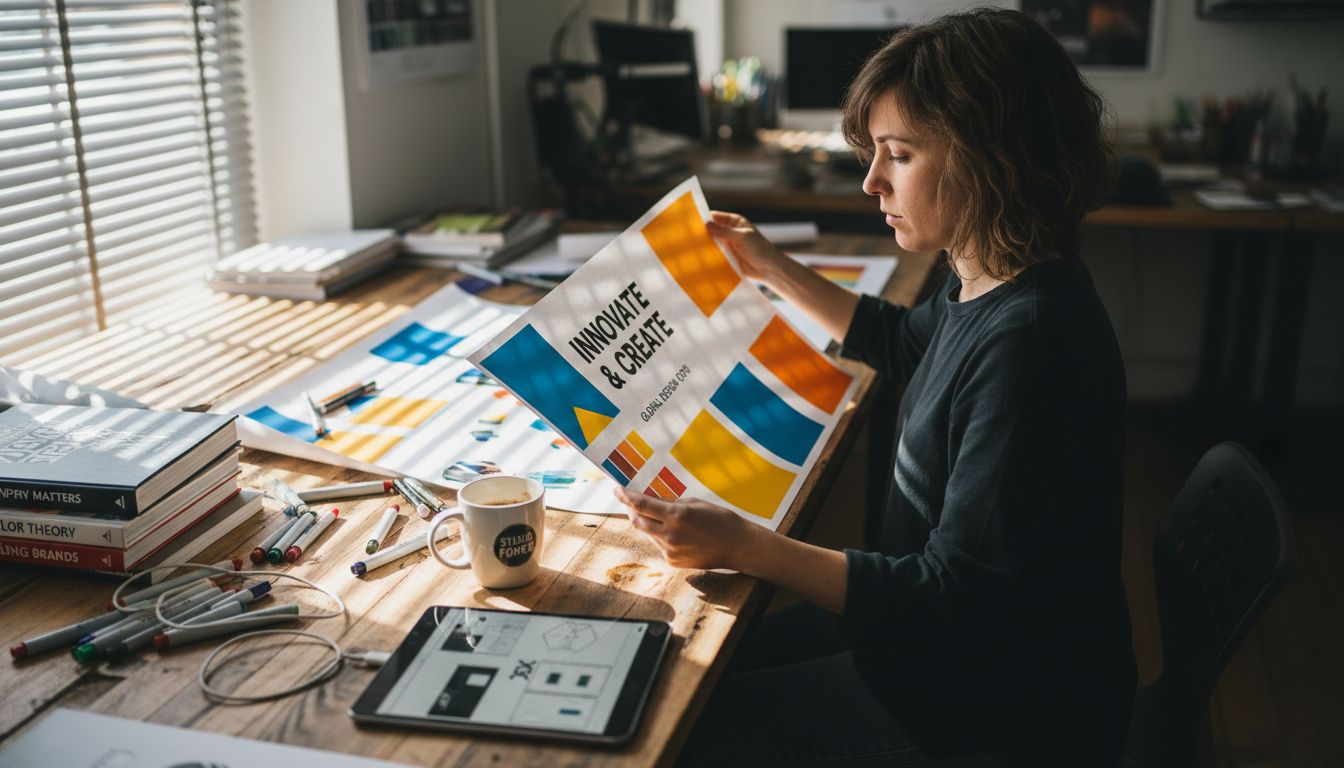 Designer adjusting a printed trade show banner