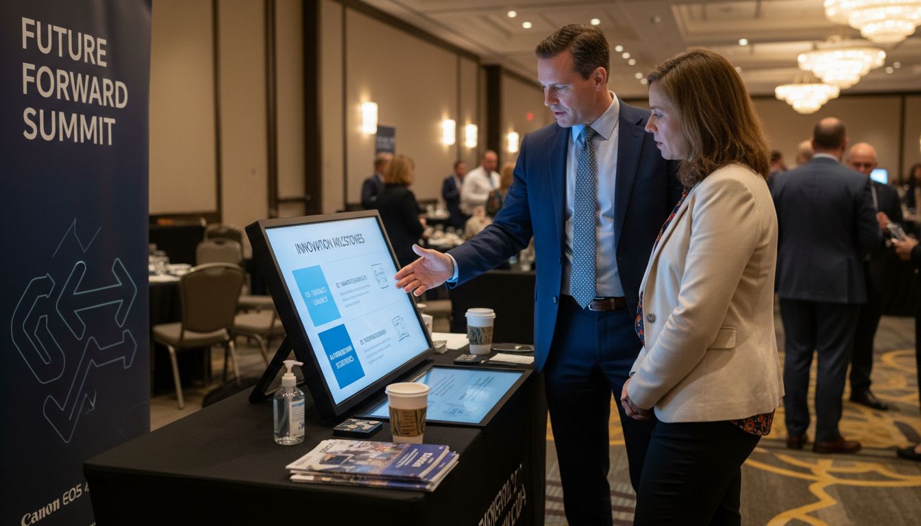 Attendees engage with event display table