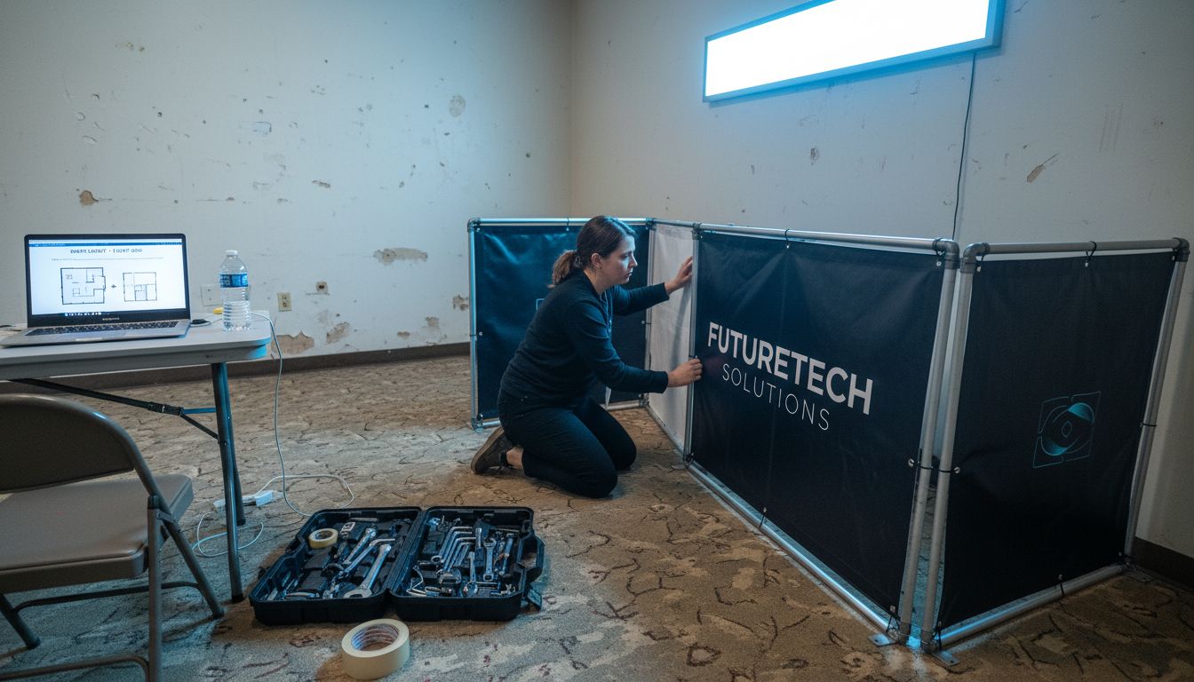 Woman assembling portable pop-up display