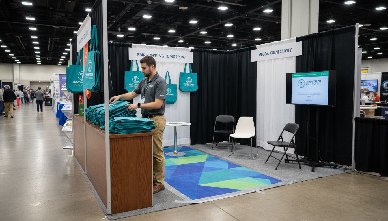 Staffer arranging branded tote bags at trade show booth