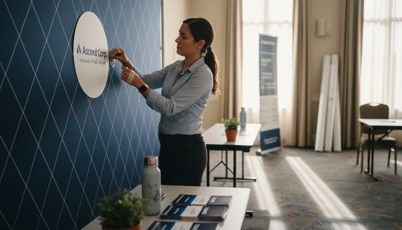 Staff setting up branded event banner