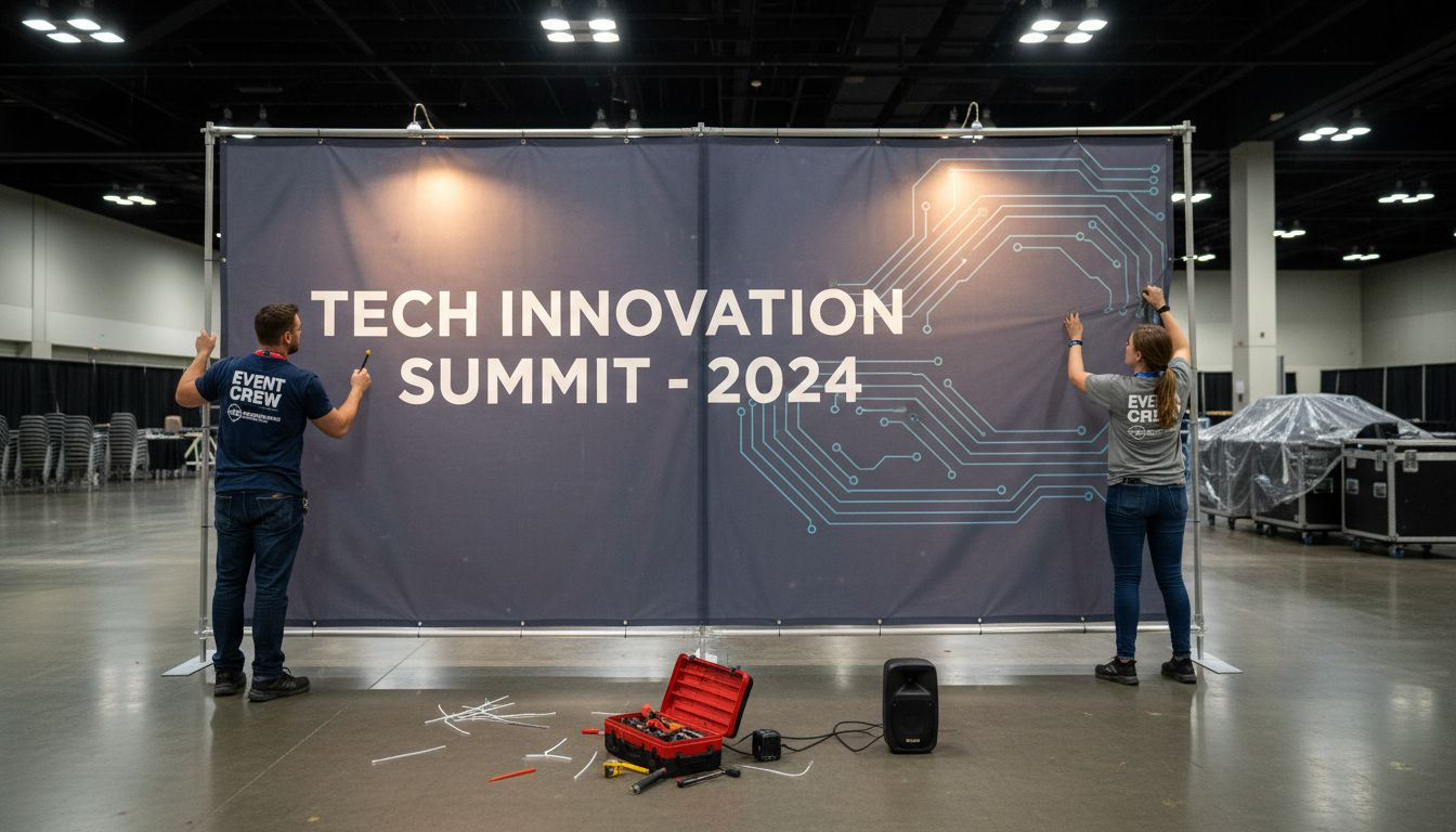 Workers installing large printed event display
