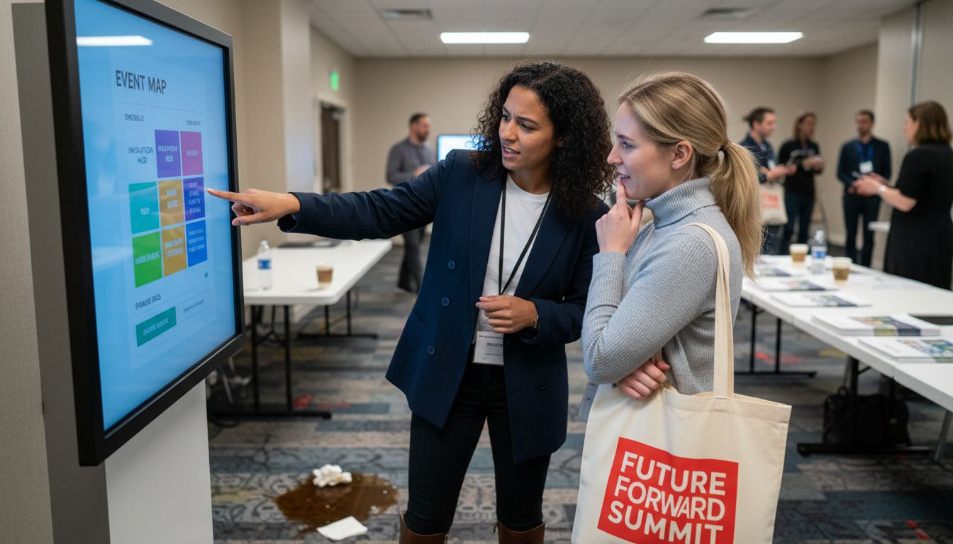 Attendees interact with digital event display