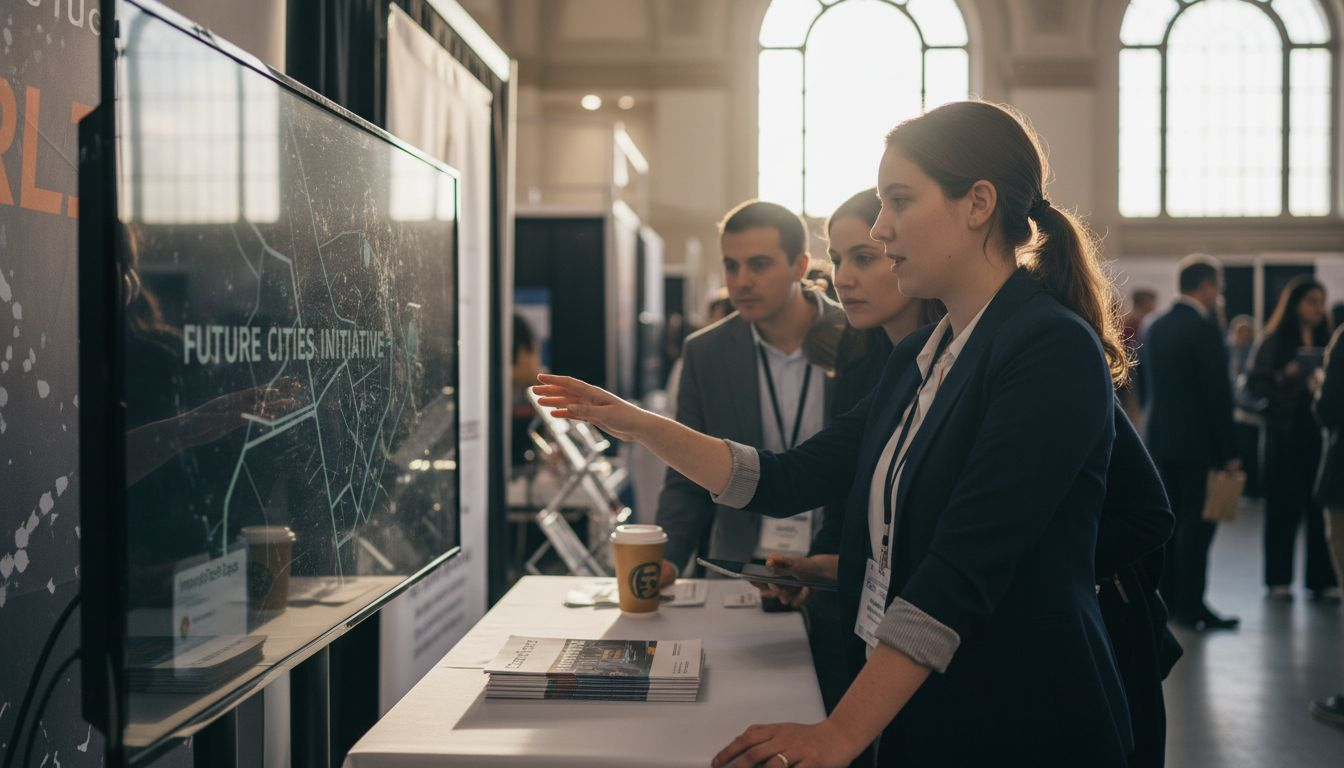 Woman shows interactive expo display to visitors