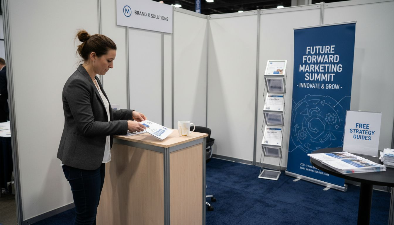 Manager arranging branded event displays