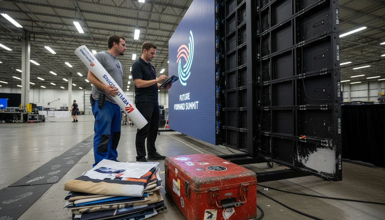Technicians installing LED wall branded display