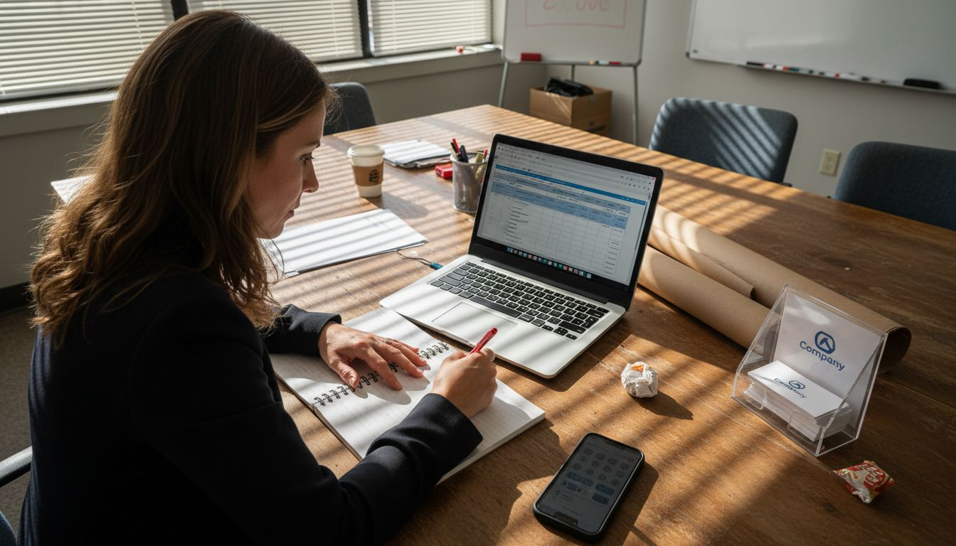 Manager reviewing costs with display materials