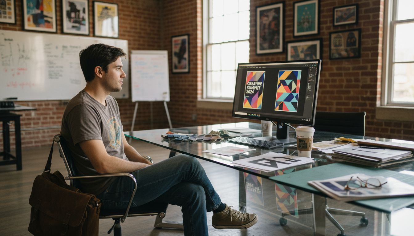 Designer reviewing branded event proofs in studio
