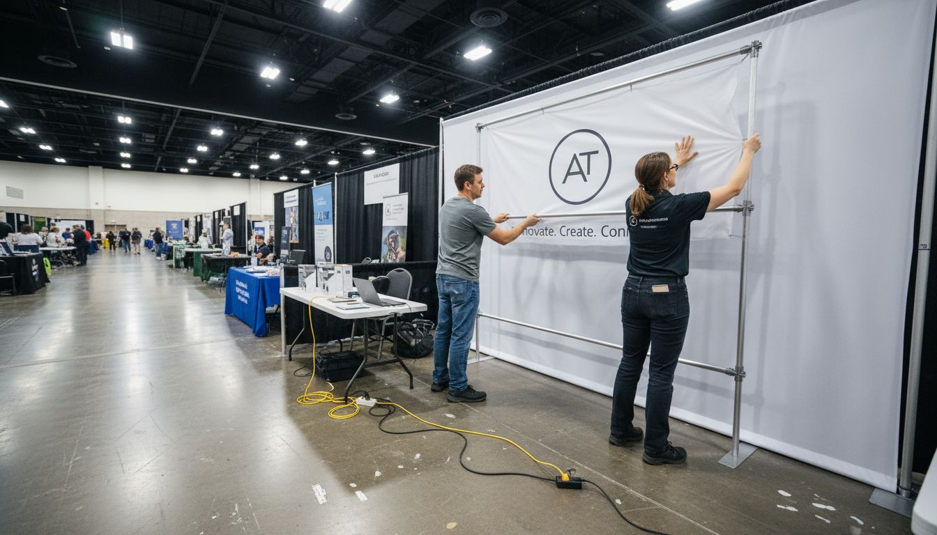 Exhibitors assembling branded trade show banner