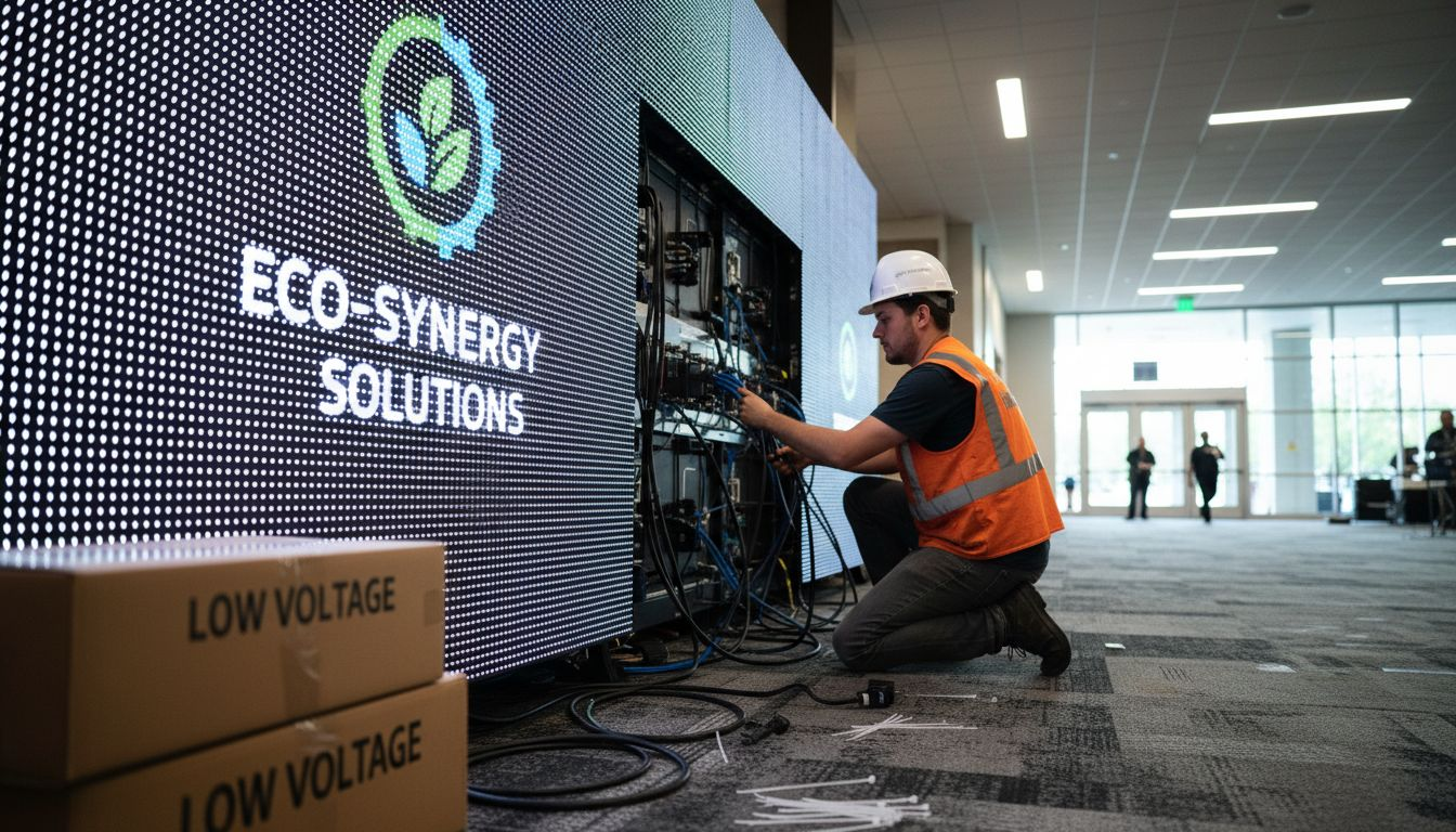 Technician setting up energy-saving LED display