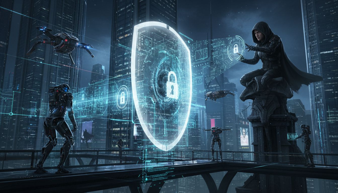 Amenazas y defensas IA escena nocturna