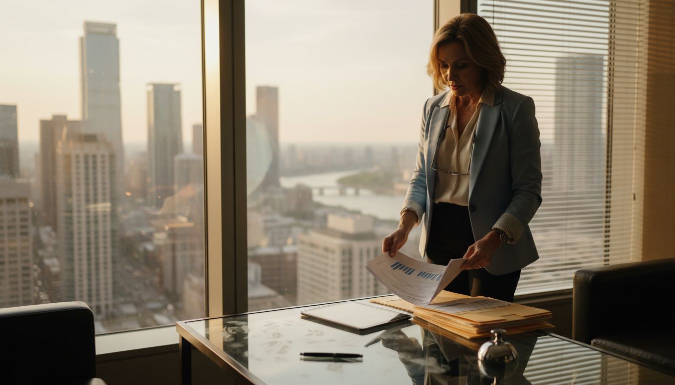 Manager reviewing business data by window