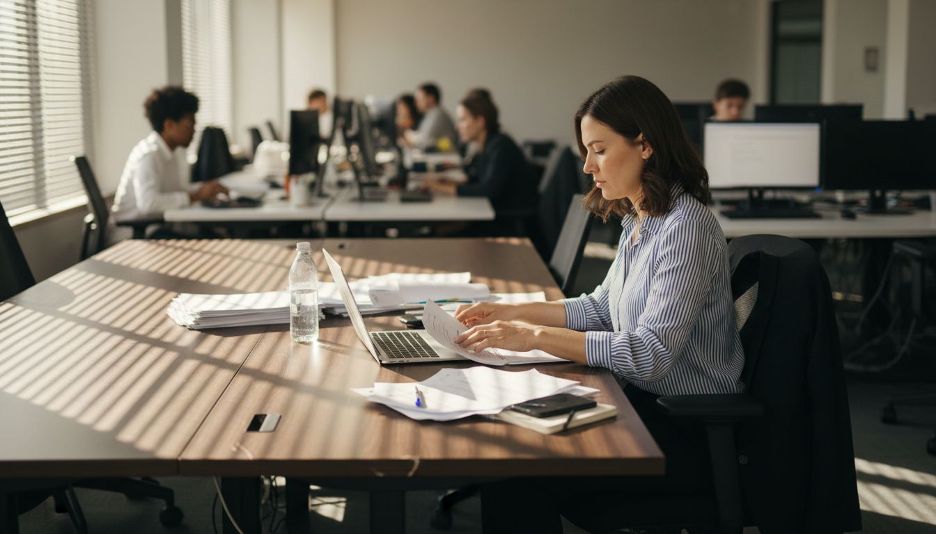 Woman sorting data at office desk