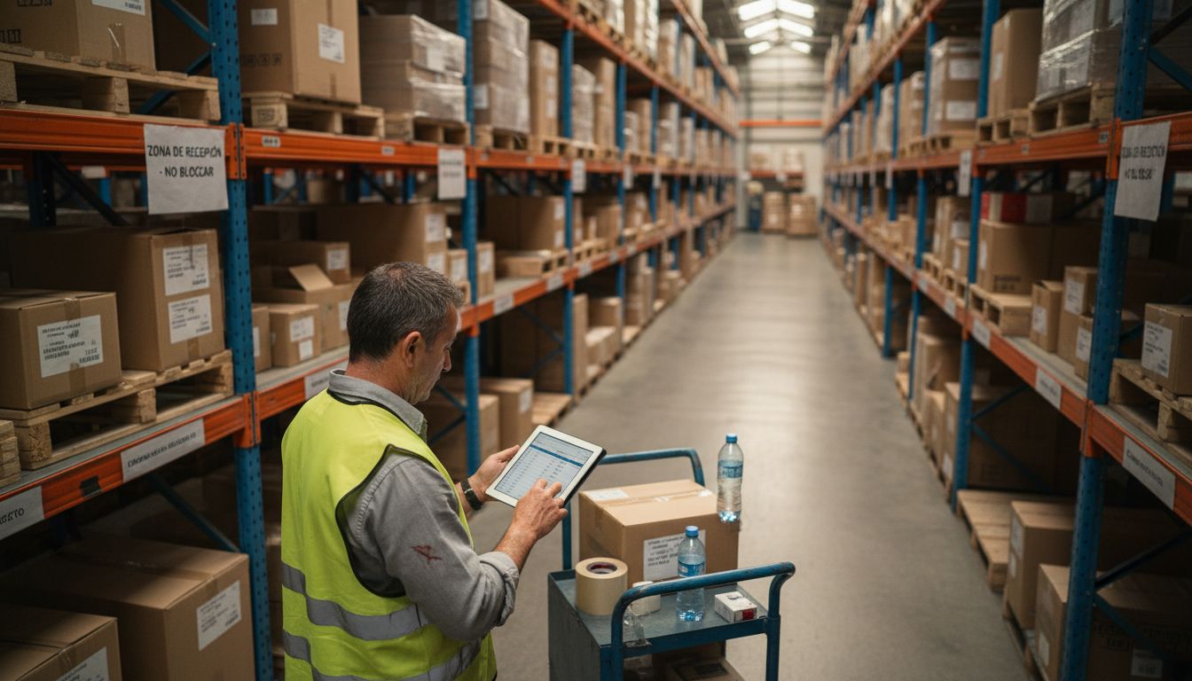 Responsable de almacén gestionando operaciones con una tablet en una bodega