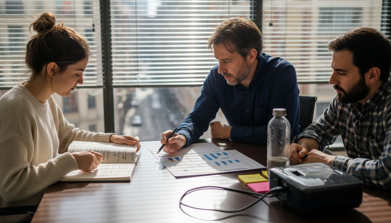 Un grupo de compañeros de trabajo analiza temas de seguridad informática en una sala de reuniones.