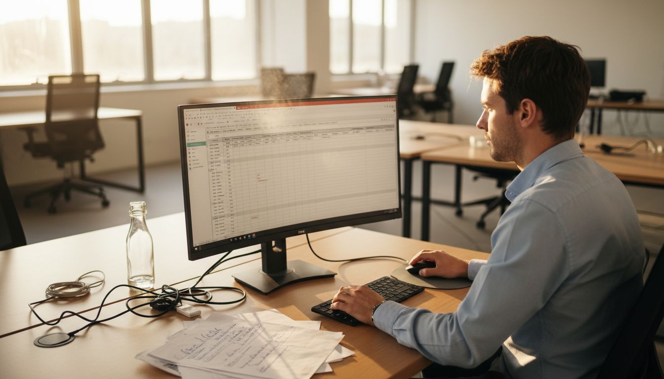 Un analista revisa y organiza datos empresariales en su escritorio.
