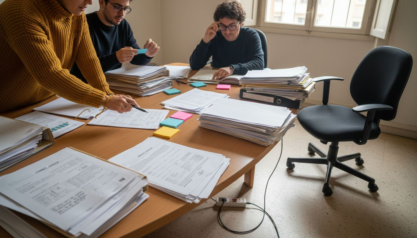 Un equipo revisa y organiza la información de los clientes durante una reunión de trabajo.