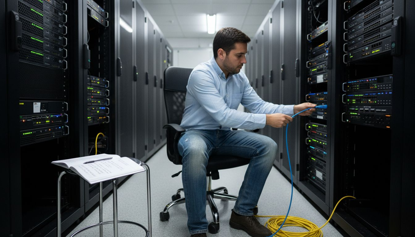 Técnico informático preparando el cableado de la sala de servidores para implementar inteligencia artificial.