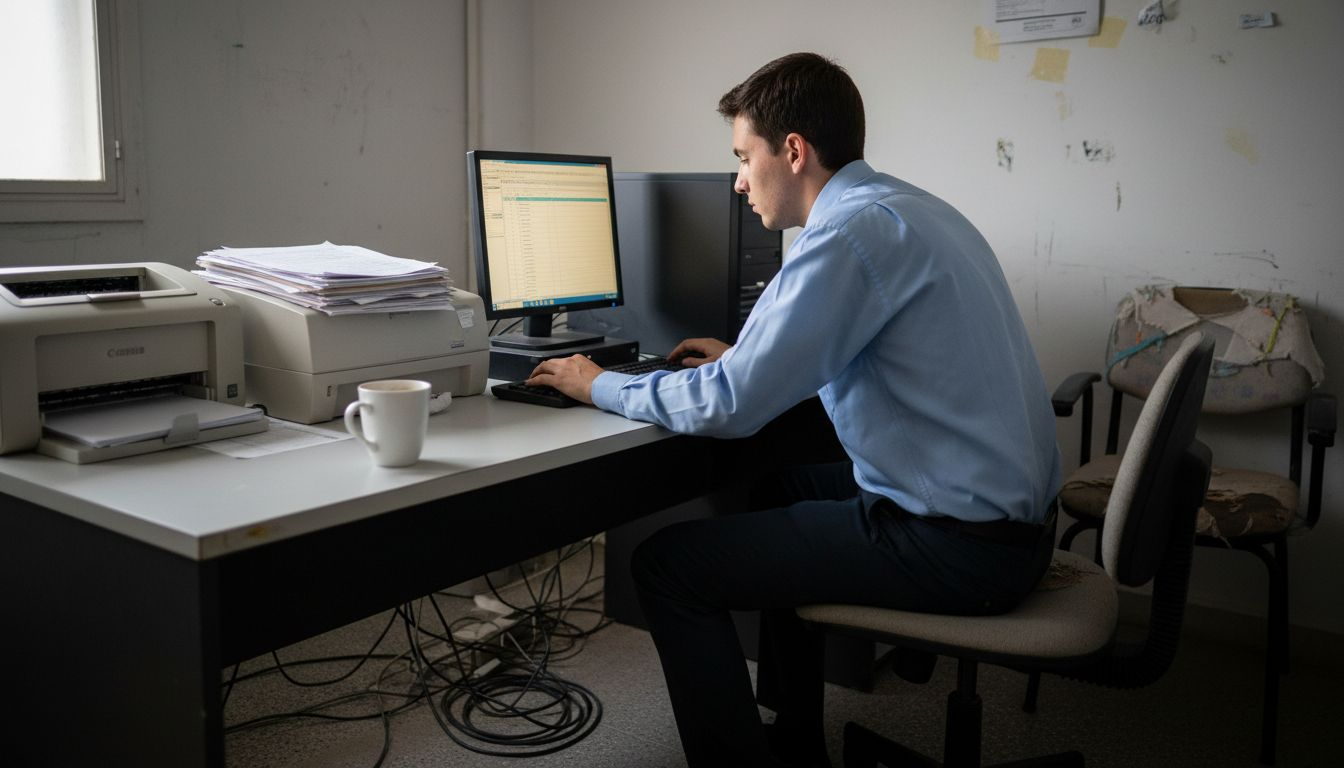 Profesional que aprovecha la inteligencia artificial para gestionar tareas administrativas en la oficina.