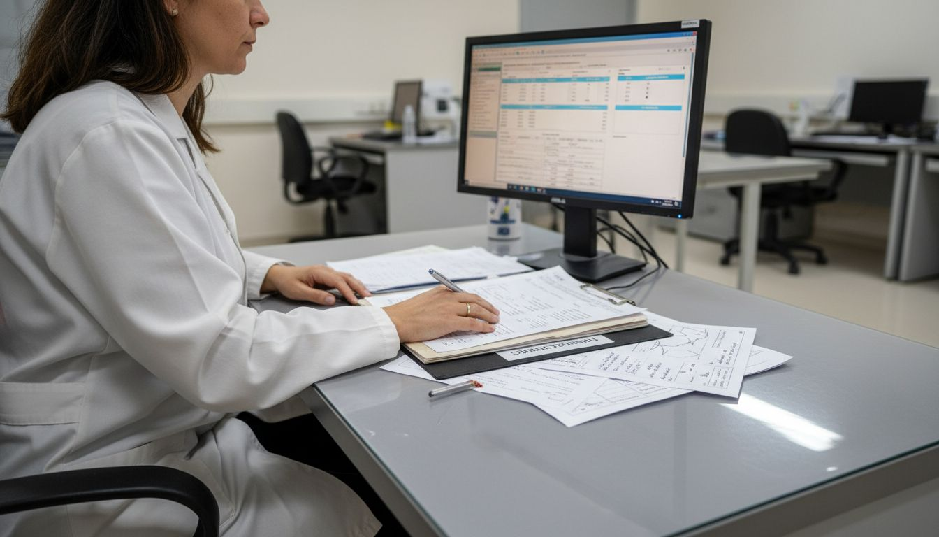 Doctora analizando información médica con ayuda de inteligencia artificial