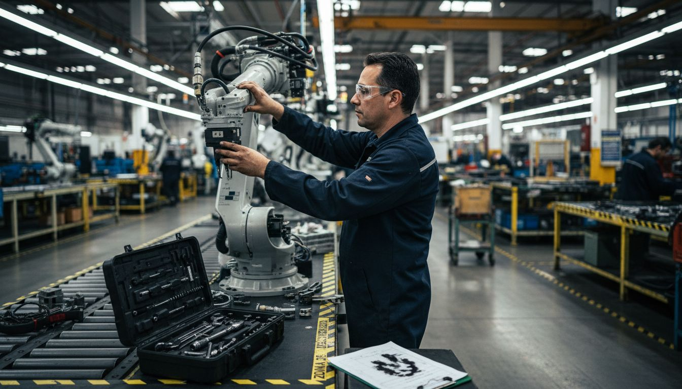 Un técnico realiza ajustes en un robot dentro de la línea de producción.