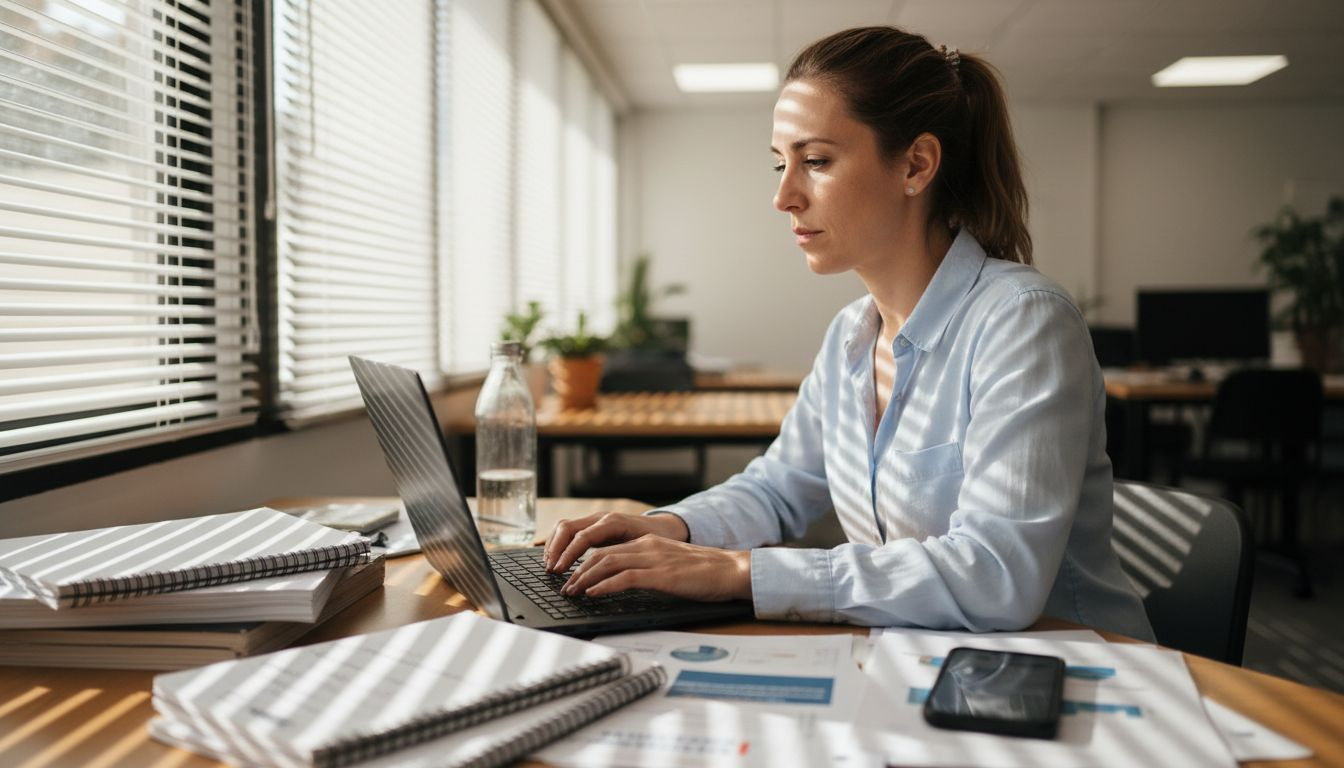 Analista concentrado trabajando entre montones de papeles y objetos desordenados en su escritorio.