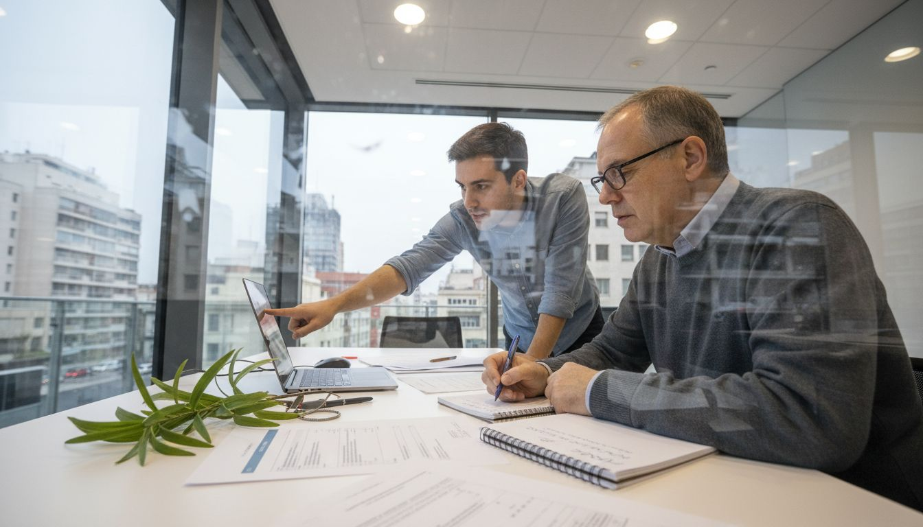 Un equipo de trabajo compartiendo ideas frente al portátil y tomando apuntes juntos.
