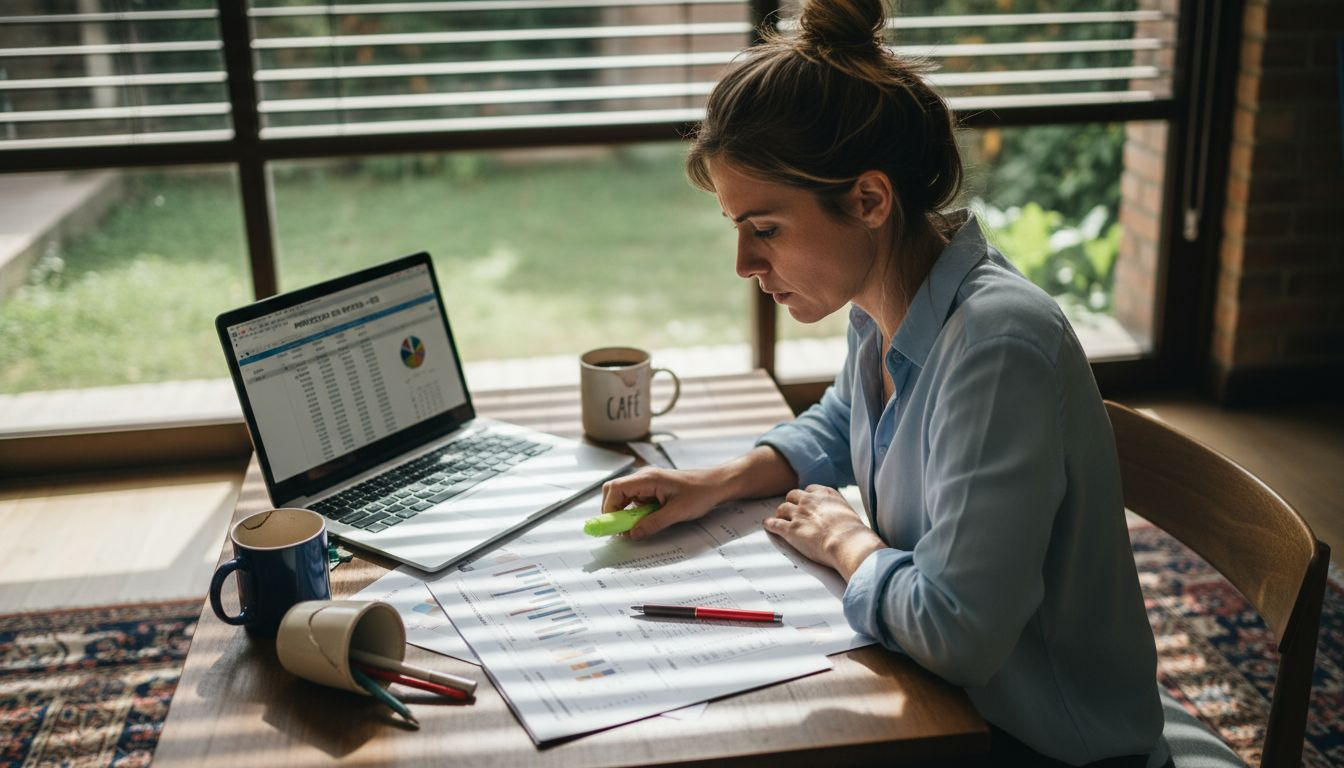 Una empresaria revisa detenidamente unos gráficos impresos sobre su escritorio.