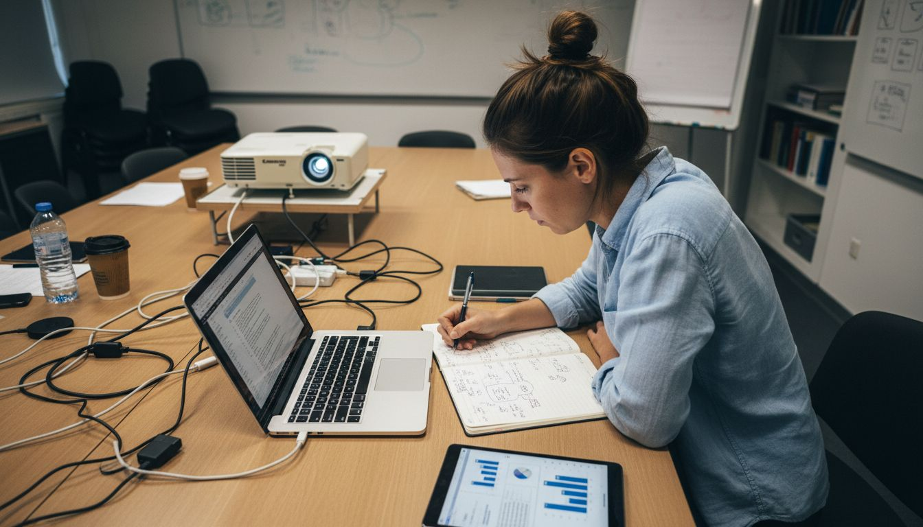 Especialista analiza datos con ayuda de inteligencia artificial durante una reunión de trabajo.