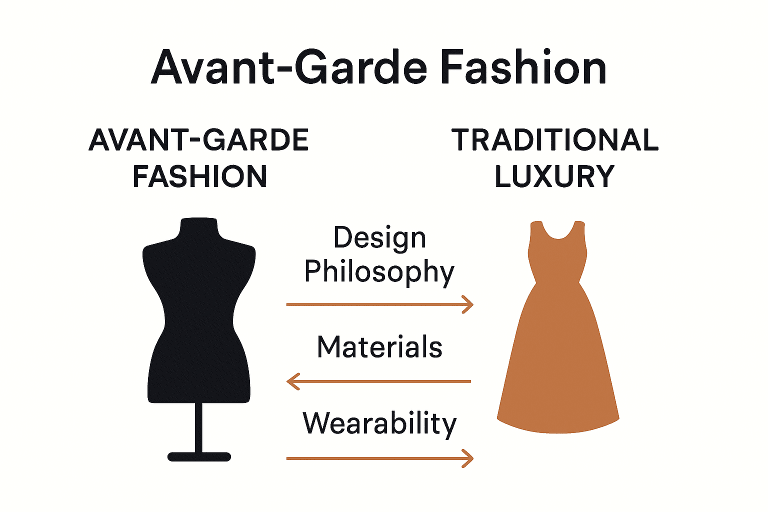 Infographic comparing avant-garde and traditional luxury fashion styles with icons and key differences