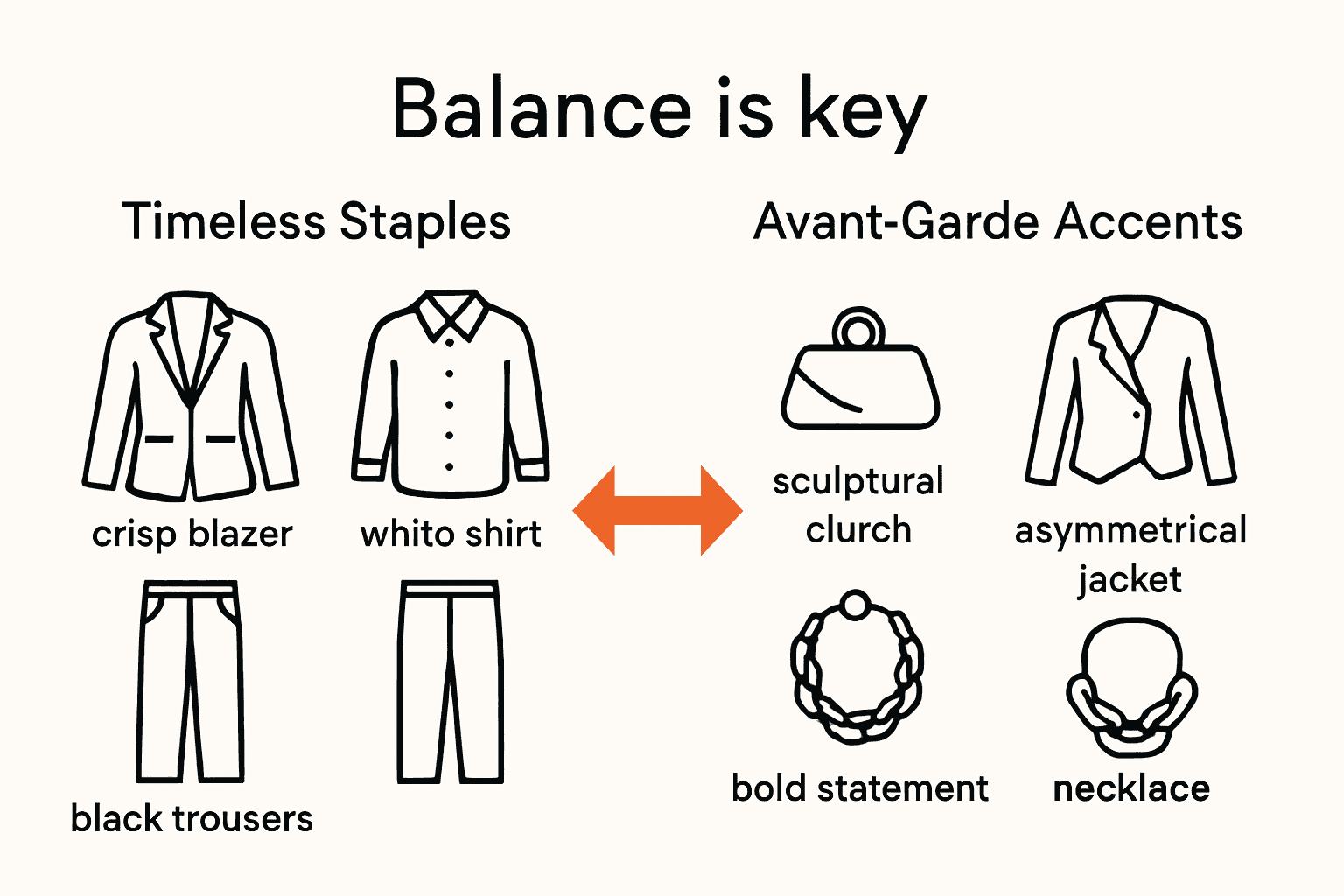 Infographic showing classic pieces and avant-garde accents side by side with pairing arrows.