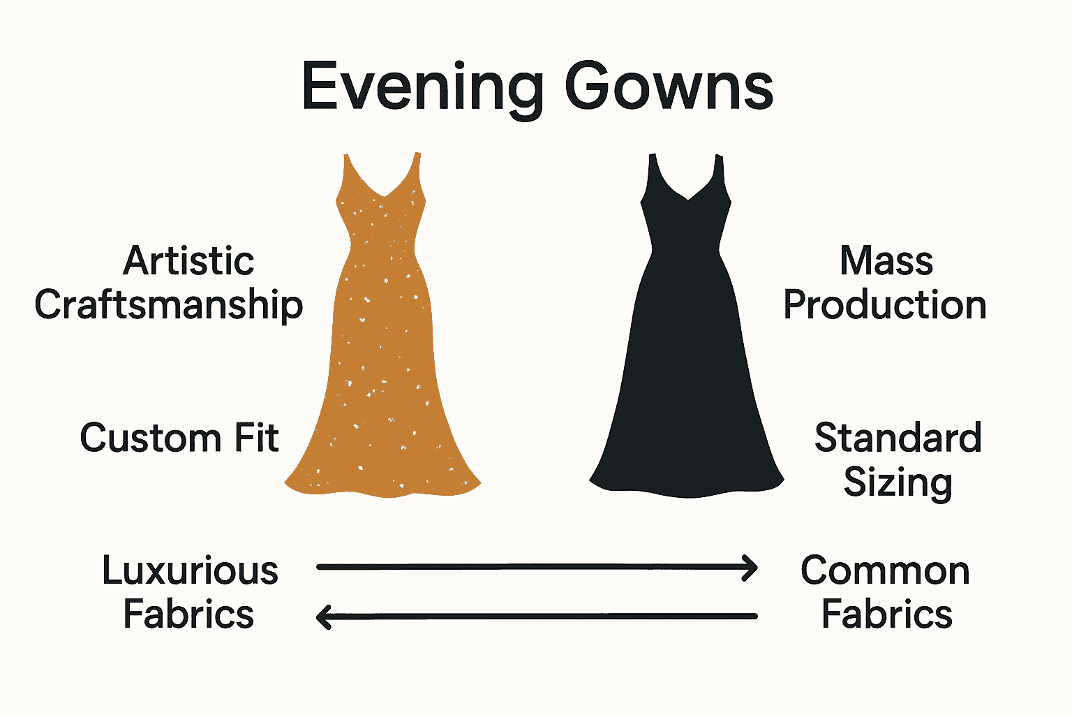 Comparison infographic showing unique versus mainstream evening gowns.