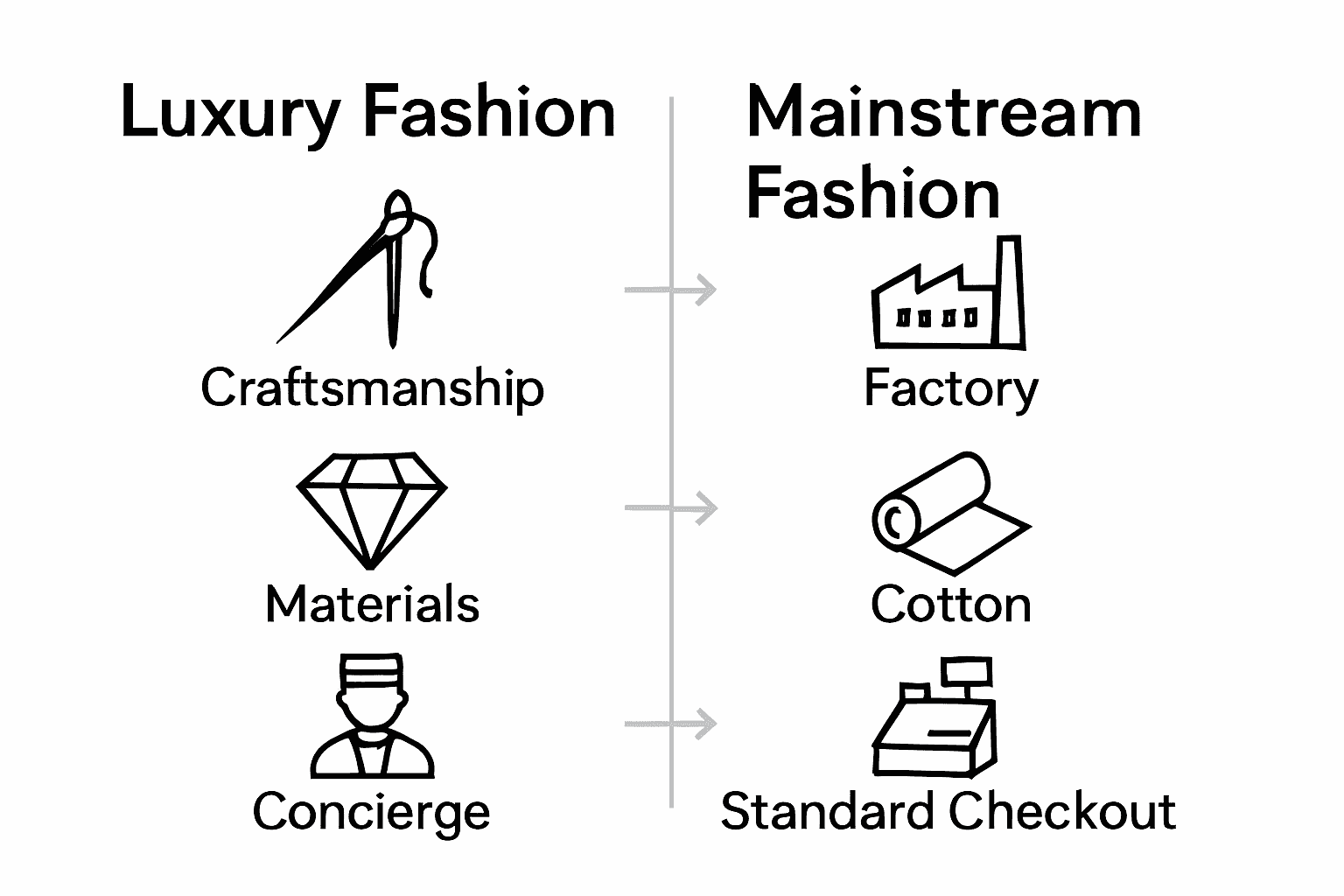 Visual comparison of luxury versus mainstream fashion features.