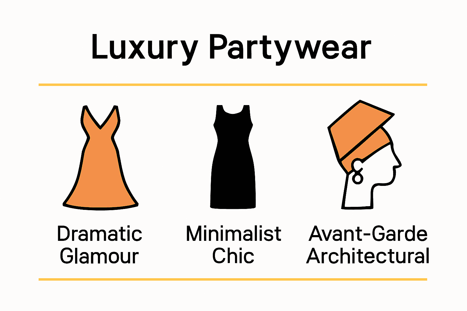 Infographic comparing dramatic glamour, minimalist chic, and avant-garde architectural luxury partywear styles