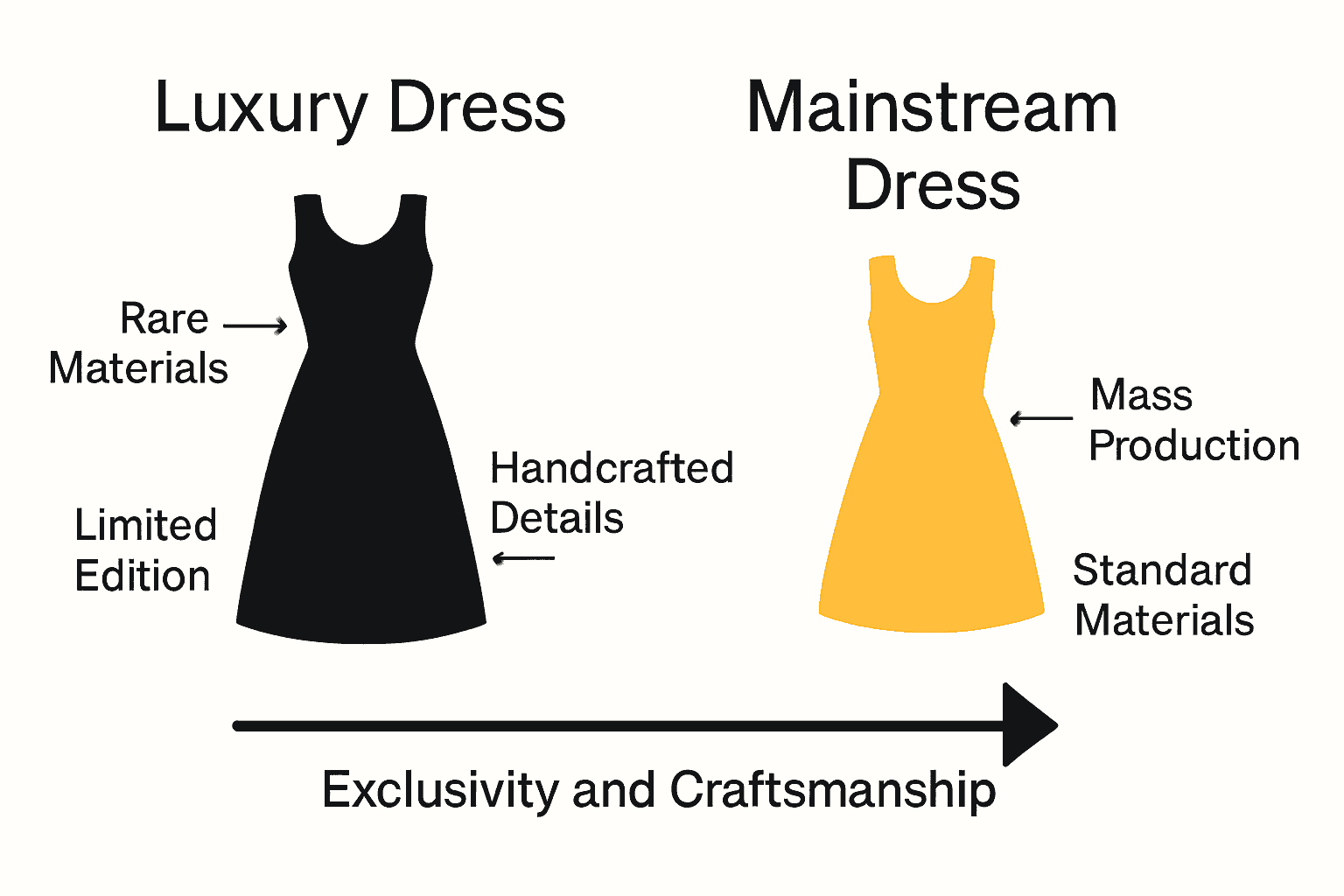 Infographic comparing craftsmanship and exclusivity of luxury vs mainstream dresses