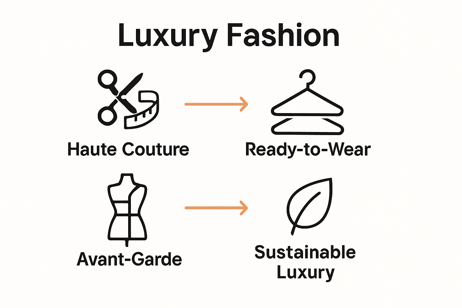 Infographic comparing luxury fashion types with simple icons and arrows.