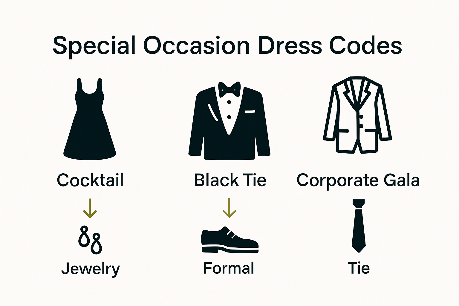 Infographic comparing cocktail, black tie, and corporate gala dress codes using icons and tip captions.